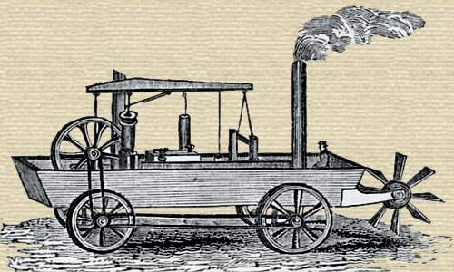 Wood engraving of steam engine aboard a flat boat. The boat has a stern paddle wheel and four land wheels driven by the engine