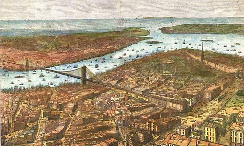 Aerial view of New York City, Brooklyn, Brooklyn Bridge, Staten Island, East River, NY Harbor, many sail boats on river