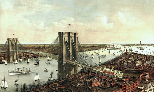 Chromolith print of Brooklyn Bridge, night, fireworks from towers, many tall sail boats, paddle wheeler on river under bridge