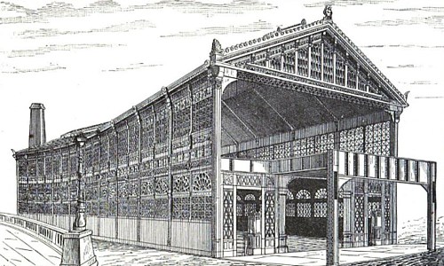 Drawing of a long barn-shaped two-story structure, open end, pedestrian entrances on ground level, transit on second