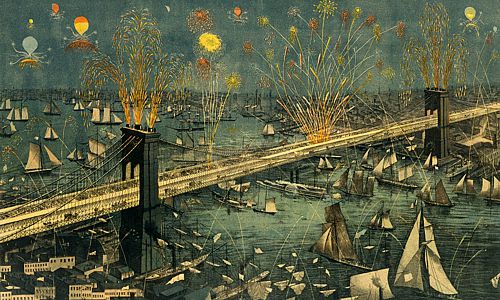 Chromolith print of Brooklyn Bridge, night, fireworks from towers, many tall sail boats, paddle wheeler on river under bridge