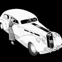 Line drawing of new Pontiac car from Advertisement in TIME Aug 1935 with standing lady looking inside through window, b/w