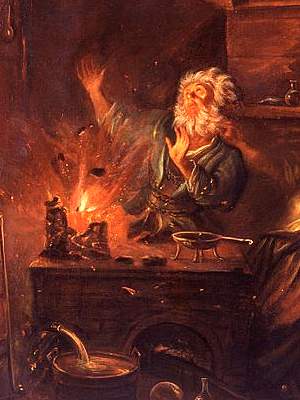 Painting of white bearded alchemist, raised hands as his chemical apparatus explodes, illuminating his face, apparatus 