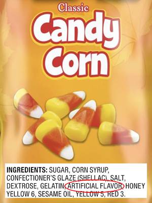 Montage of cropped candy corn package image and cropped ingredient panel with highlight on artificial flavor