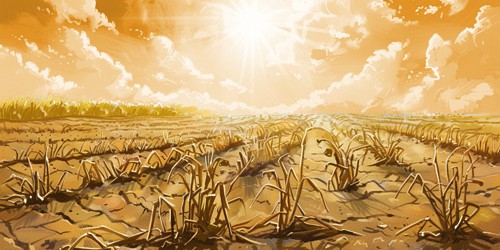 Graphic showing dying crops in parched field under intense sun of climate change