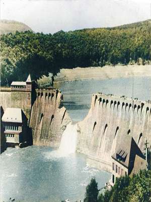 Photo of Eder Dam, Germany after Dambuster bomb, showing substantial gap in wall