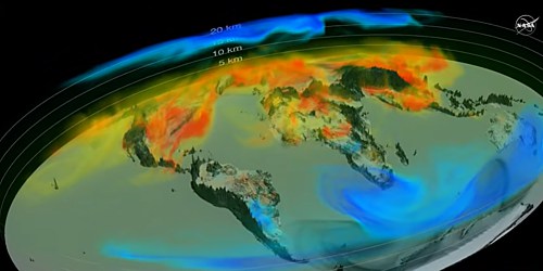 Graphic color-coded patterns of carbon dioxide, view from space, moving in atmosphere above and between world continents
