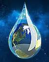 The image is a composite showing the globe of the Earth suspended in water in a tear-drop shape. 