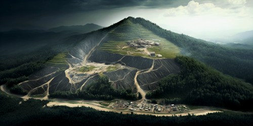 AI image of coal strip mined mountain top removal with small community below in valley