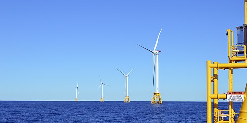 Photo of an Ocean Use, wind farm off coast, Block Island, Rhode Island, several wind generators off-shore in ocean