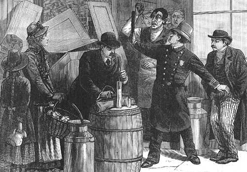 Engraving of a New York City inspector at a grocery store testing milk with a lactometer, c.1887