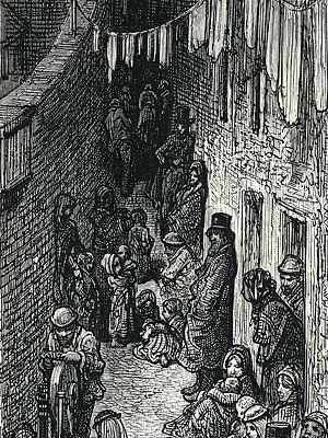 Engraving, looking down a narrow alley lined with homes on the right, filled with men, women, children and knife sharpener