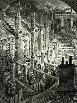 Engraving, looking down on a street of crowded housing walled backyards with steam locomotive on viaduct in distance