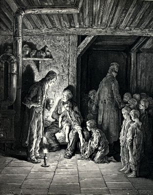 Engraving, indoors, where a policeman has brought one more boy to join the homeless children being sheltered