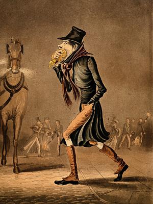 Aquatint caricature of a man holding handkerchief over mouth walking across a cobblestone street & some link-boys in background