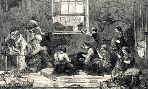 Engraving showing several adults and children seated on the bare floor, at work stitching garments