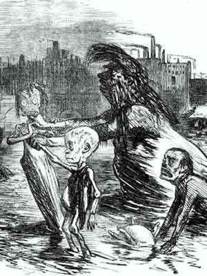 Cartoon line art. A hideous dirty Father Thames character stands grasping emaciated children in the polluted Thames river water