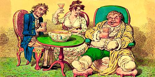 Caricature three jolly people seated around punch bowl on table, drink in hand. A stout man has one bandaged hand and both feet