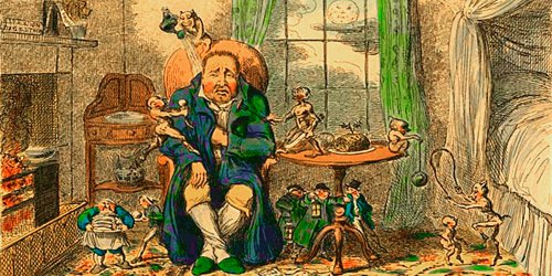 Caricature of a man, seated fireside in his housecoat, groaning, hand on stomach, surrounded by imps showing his gluttony