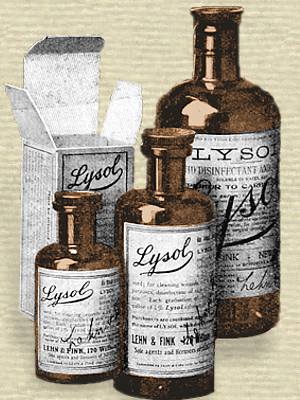 Three sizes of bottles and a matching cardboard carton for Lysol from a 1913 magazine ad.