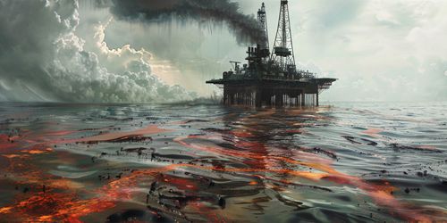 Image of offshore oil drilling rig surrounded by oil spill on the ocean water