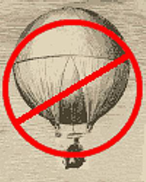 Graphic showing old print of a hot air balloon with red circle and diagonal bar superimposed