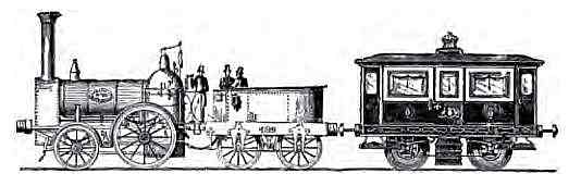 Engraving showing the engine Phlegethon steam locomotive, tender and Royal Carriage, 1843