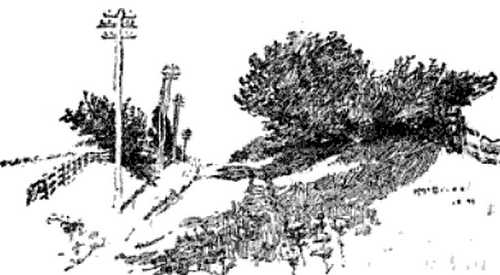 Sketch of a line of telegraph poles along a road bank.