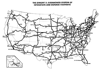 Map of USA showing Interstate Hiway network.