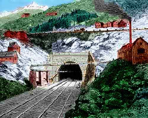 Wood engraving (1884) of entrance to Gotthard Tunnel, colorization © todayinsci