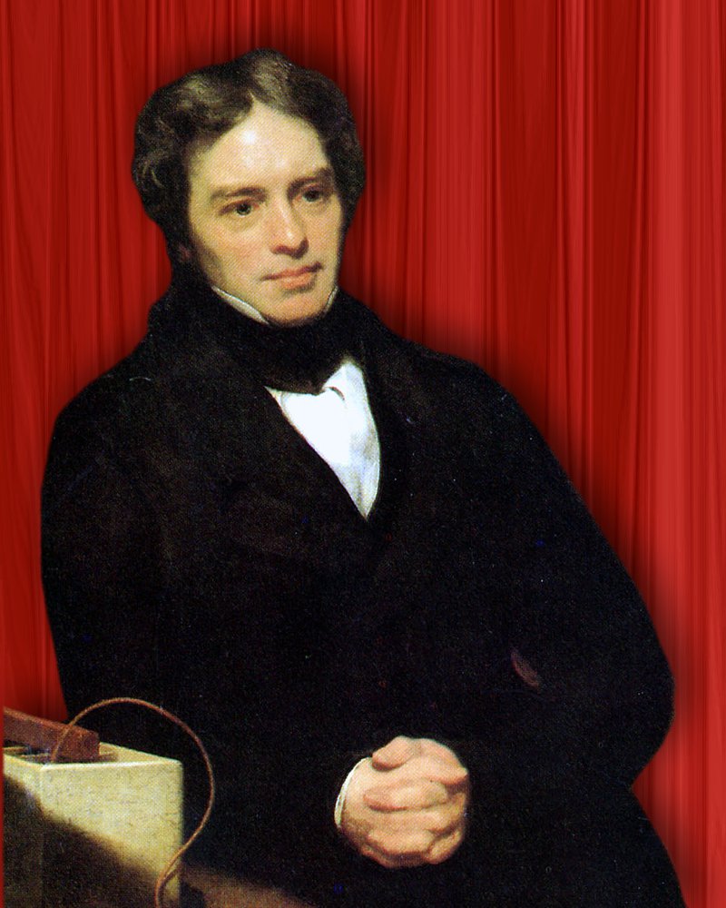 Portrait of Michael Faraday - upper body, leaning on lab bench (800 x 1000 px)