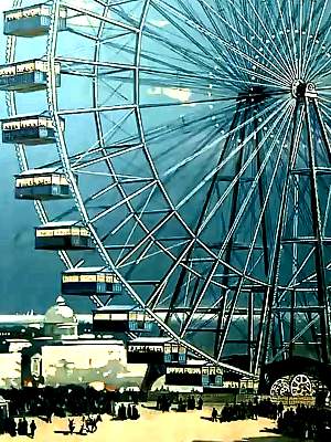 Drawing showing light bulbs along the outer circular carriage framework of the Ferris Wheel, and on spokes near the axle