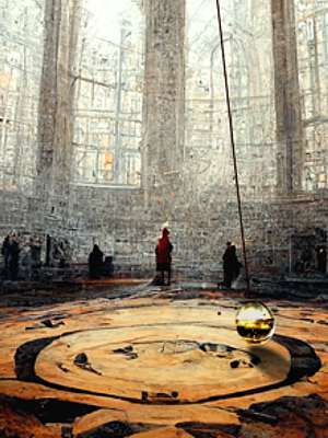 Artistic impression A.I. of Léon Foucault demonstration of large pendulum bob on a long wire hanging from high in Panthéon