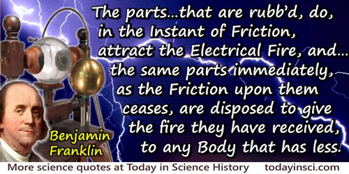 Benjamin Franklin quote: And we daily in our experiments electrise bodies plus or minus, as we think proper.