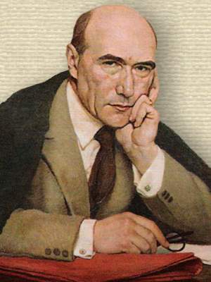 André Gide oil portrait (artist Paul Albert Laurens) upper body shown, facing front, seated behind w/arms on tabletop w/specs