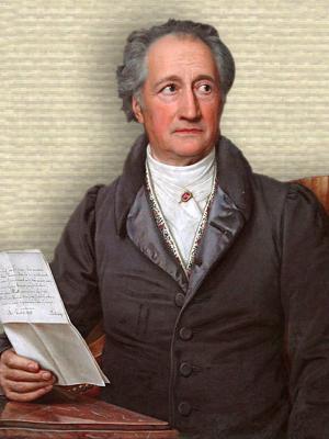 Portrait of Johann Goethe, seated upper body looking right, forearm on corner of table holding letter