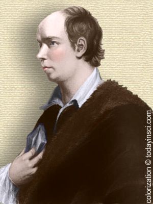 Image of Oliver Goldsmith - head and shoulders - colorization © todayinsci.com