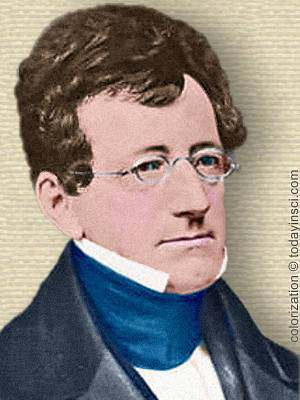 Photo of Samuel Griswold Goodrich, head and shoulders, facing right. Colorized by todayinsci.com