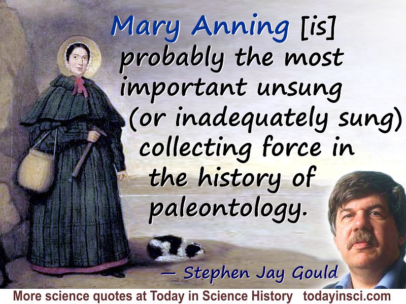 Stephen Jay Gould quote on Mary Anning. Background Anning portrait by unknown artist, before 1842.