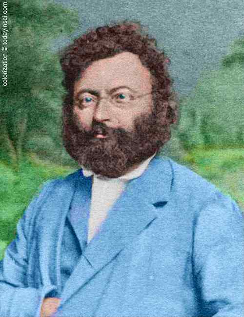 Large photo of Amanz Gressly, full beard, upper body, facing forward with trees in meadow background colorized by todayinsci.com