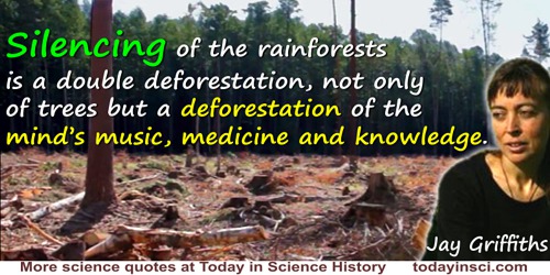 Jay Griffiths quote: The silencing of the rainforests is a double deforestation, not only of trees but a deforestation of the mi