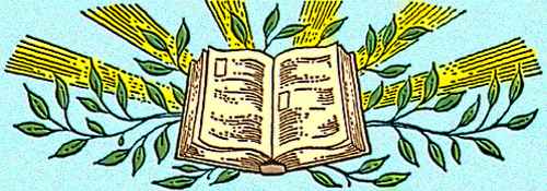 Drawing of open book volume resting on heraldic-like springs of leaves. Colorized by todayinsci.com