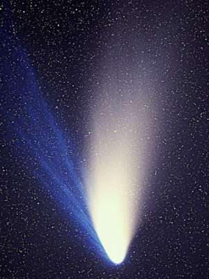 Photo (1997) of Comet Hale-Bopp filling frame vertically, showing bright dust tail up, and to left a second, fainter gas trail