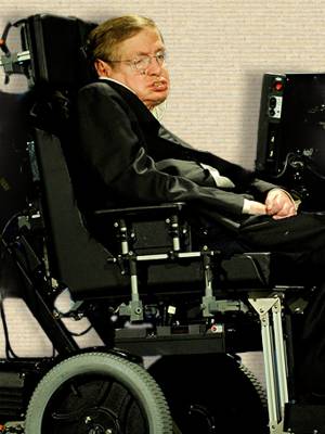 Photo of Stephen Hawking, seating in his custom wheelchair, side view