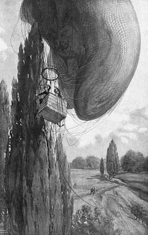 Drawing of balloon hanging at top of a tall tree