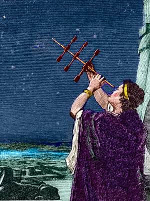 Todayinsci Colorization C-19th book engraving of ancient Greek man holding diopter toward night sky for celestial measurement