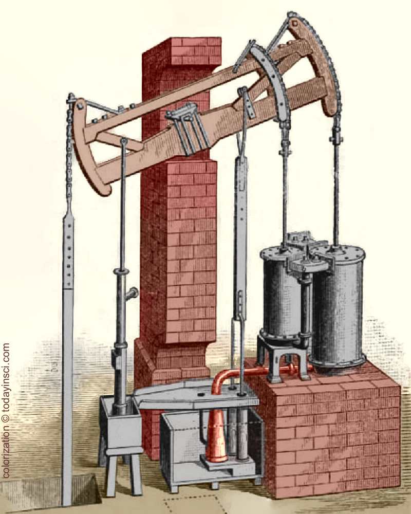 Compound Steam Engine - Jonathan Carter Hornblower - colorization © todayinsci.com