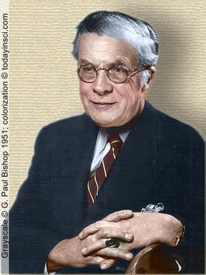 Julian Huxley, sitting, upper body - grayscale photo by G. Paul Bishop © 1951; colorization © todayinsci.com