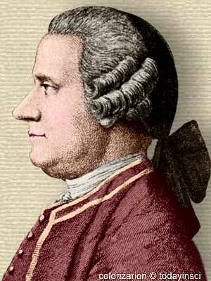 Engraving of Jan Ingenhousz, head and shoulders, facing left. Colorization © todayinsci