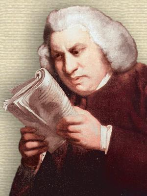 Portrait showing Samuel Johnson, holding and looking closely at an open book - upper body